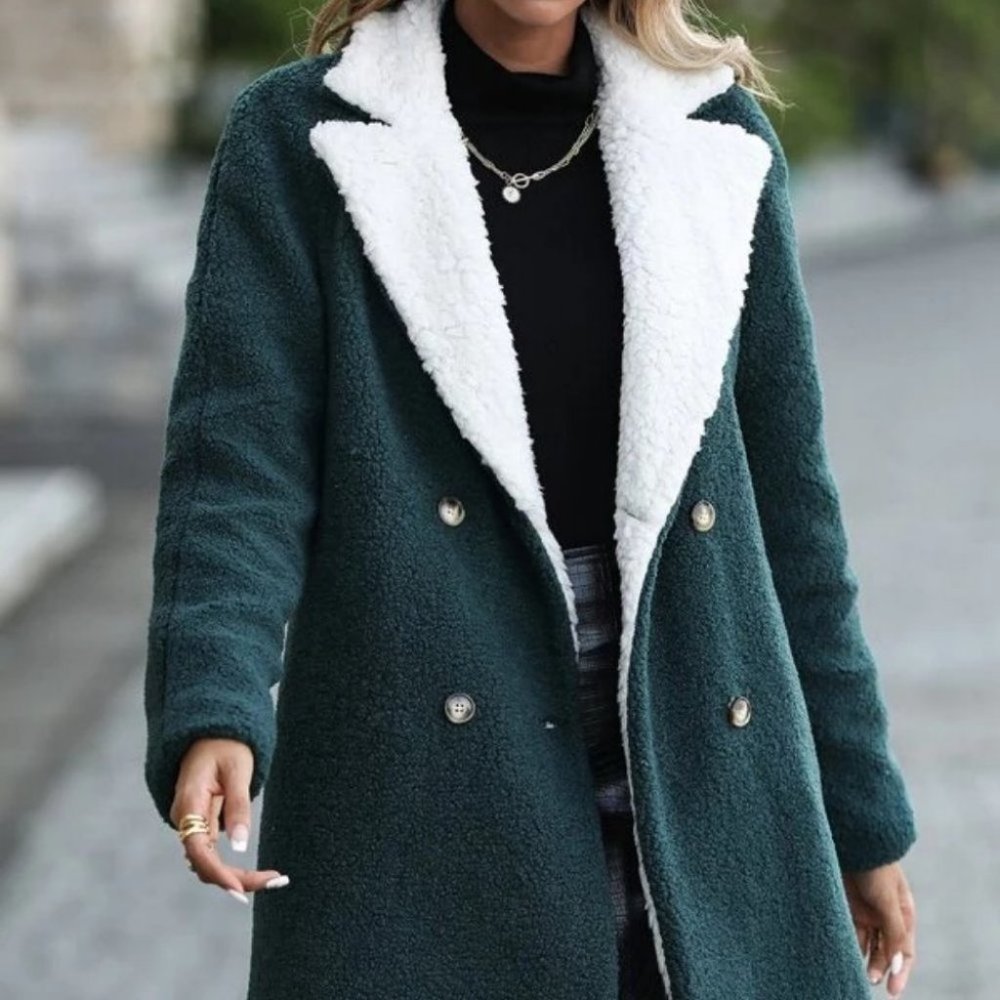 Teddy Lined Lapel Collar Double Breasted Coat fall winter green - Picture 8 of 8